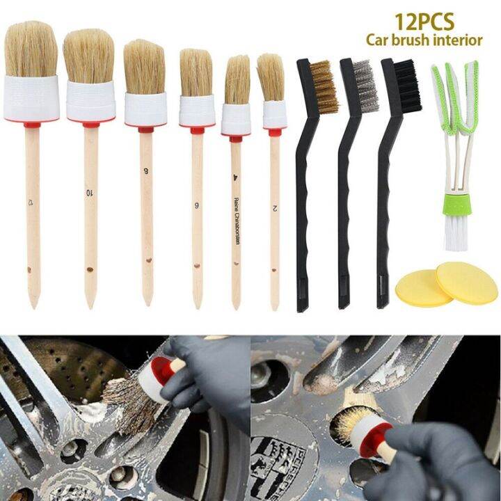 12pcs Car Detailing Brush Kit Boar Hair Vehicle Auto Wheel Clean Brush