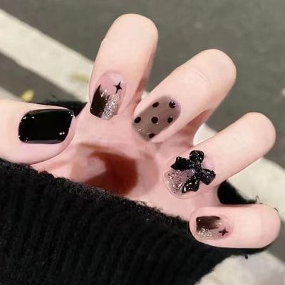 [COD] cool dark manicure patch polka dot bow three-dimensional wearing nail piece short section versatile fake stickers