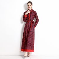 Women New Dress Real Shot  Flower Print  Maxi Dress Long Sleeve A- Line Dress