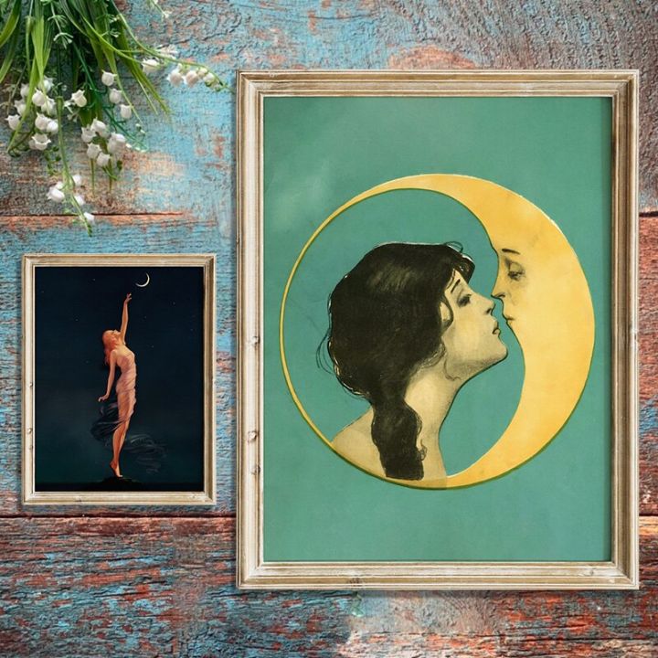 อินดี้หญิงจูบเสี้ยวและหญิงสาวเข้าถึงสำหรับดวงจันทร์ผนังศิลปะรูปภาพผ้าใบพิมพ์โปสเตอร์ตกแต่งบ้าน-ภาพวาดโบราณ-โรแมนติกและฝัน