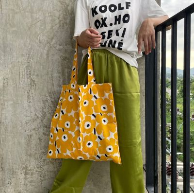 กระเป๋าผ้า Marimekko ดอกเล็กสีส้มเหลือง exclusive ตัดจากผ้ามาริเมกโกะแท้ 100% //YOU.NIKKO   (ถุงผ้า,กระเป๋าผ้าสะพายข้าง,มาริเมกโกะ)