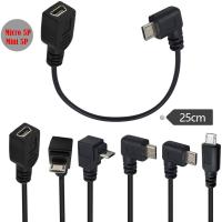 USB 2.0 Micro Male Bawah/Atas/Kiri/Kanan Miring Ke Mini 5pin Female OTG Kabel Data Extension 0.25M