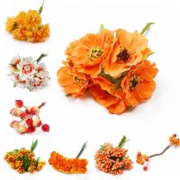 6-288pcs Mixed Orange Bouquet Peony Artificial Flower Cherry Stamen Berries Bundle For DIY Christmas Wedding Party Home Decor