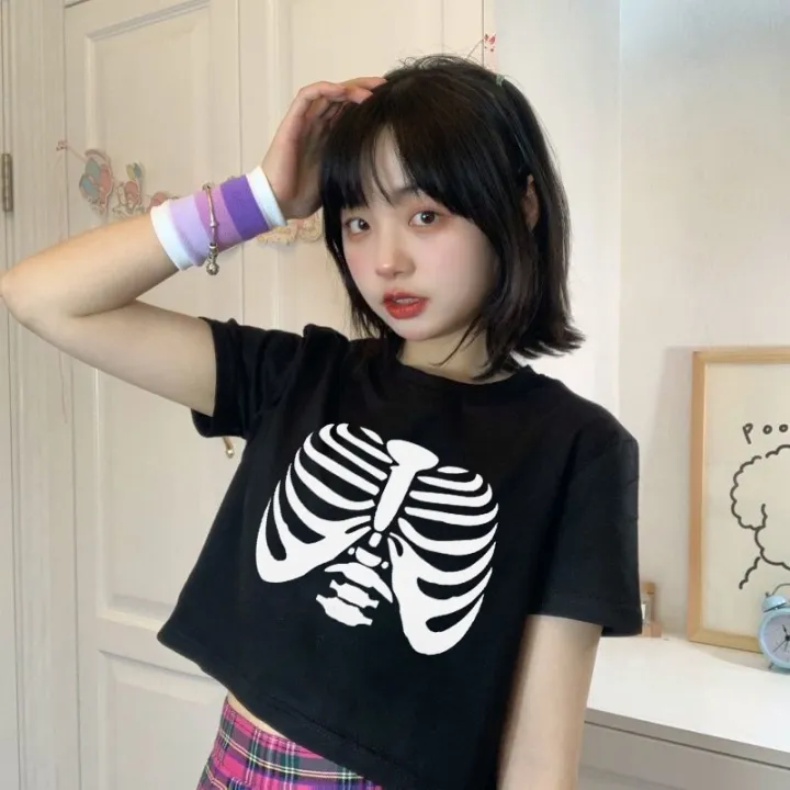 Goth Dark Skeleton Emo Grunge Aesthetic Women Crop Tops Punk Black Harajuku Chic Tumblr Y2k Summer Vintage Streetwear T Shirt Lazada Ph