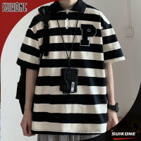 Suikone เสื้อยืดลายทางแขนสั้น Suikone ชายเสื้อโปโลคู่เสื้อแบบหลวม