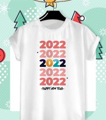 เสื้อยืดลายปีใหม่ Happy New Year &amp; Merry Christmas 2022 ลายน่ารักๆ ผ้า TK ใส่สบาย สีสันสดใส ไม่ยืดไม่ย้วย