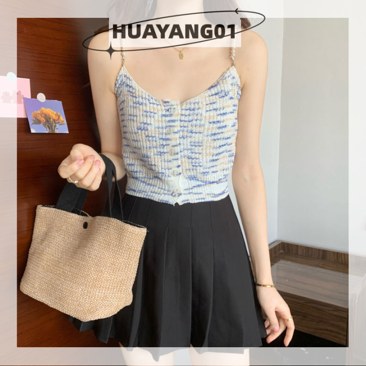 huayang01-2023แฟชั่นใหม่ล่าสุดเสื้อชั้นในสตรีถักสีสันสดใสเสื้อสายเดี่ยวแขนกุดสำหรับฤดูร้อนมีลูกปัดเซ็กซี่เสื้อกล้าม