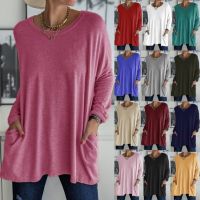 【JH】 ebay wish spring and summer new European round neck long-sleeved loose pocket solid T-shirt casual womens