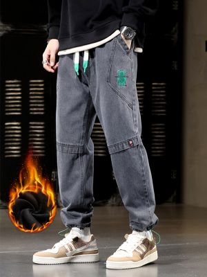 HOT11★Plus ขนาดฤดูหนาวกางเกงยีนส์ผู้ชายขนแกะหนาสีดำ Joggers แฟชั่น Streetwear ผ้าฝ้ายลำลองความร้อน Harem กางเกง Jean กางเกง8XL