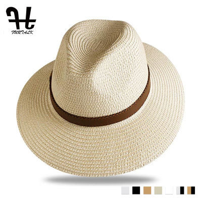 FURTALK ฤดูร้อนหมวกฟางสำหรับผู้ชายผู้หญิงซันบีชหมวกผู้ชายแจ๊สปานามาหมวก Fedora ปีกกว้างหมวกป้องกันแสงแดดด้วยเข็มขัดหนัง