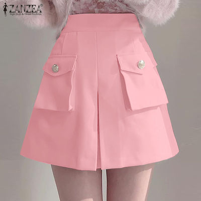 (สินค้ามาใหม่)(จัดส่งฟรี)Fancystyle ZANZEA สไตล์เกาหลีของผู้หญิงแฟชั่น Culottes สีทึบกระเป๋าด้านหน้าเอวยางยืดกางเกงขาสั้น #10