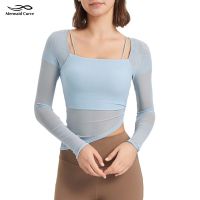 Mermaid Curve Irregular Hem Mesh Yoga Long sleeved Shirt Sports Bra Women Outwear Running Fitness Built-in Chest Pad Top Autumn