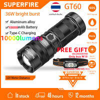 SUPERFIRE ไฟฉาย GT60 10000 lumens 36W ไฟ LED สว่า งสุด + ไฟอ่อน  กลางแจ้ง Type - c ชาร์จไฟได้ 10000 mAh แบตเตอรี่พลังงานสูงสำหรับการผจญภัยทำงานกลางแจ้งการตั้งแ