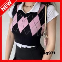 qkq971 R Contrast Color Diamond Knitted Vest Waistcoat WomenS Preppy V-Neck Sleeveless Top