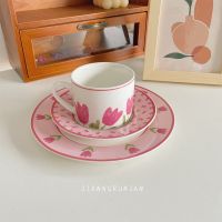 ♣ Pink tulips cups and saucers afternoon tea set ceramic coffee cup dish ins wind Korean girls heart tableware