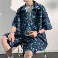 Fast Shipping Summer New Flower Shirt Casual Set Boys Cool Handsome Wearing Ice Silk Beach High -Level Sense With Two