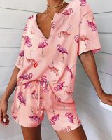 Pajama Set Women Short Sleeve Loose V-Neck Flamingo Print Sleepwear Graphic T-shirts and Shorts 2 Piece Sets Activewear Outfits