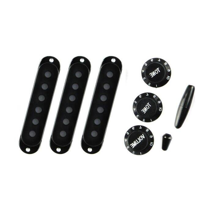 fleor-set-of-plastic-black-guitar-single-coil-pickup-covers-2t1v-knobs-switch-tip-whammy-bar-tip-for-st-guitar-bass-accessories