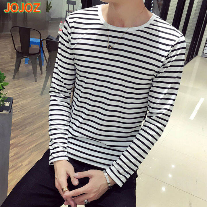 jojoz-เสื้อยืดลายทางผู้ชายแฟชั่นแขนยาวเสื้อท็อปส์สบายๆหลวมแบบคอกลม