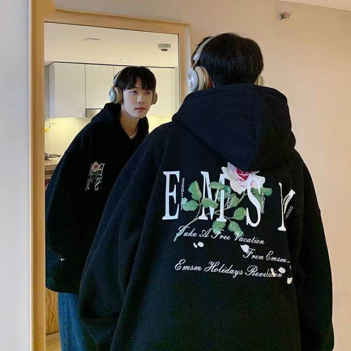 M-5XL】American Fashion Letter Large Long Sleeve Thin Hooded Sweater Men's  Autumn Casual Romantic Rose Print Pullover Couple Hoodie | Lazada