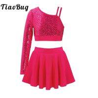 ► Kids Girls Sequins Ballet Dance Leotard Dress Long Sleeve Crop Tops with Tutu Skirts Figure Skating Jazz Latin Dance Costume Set