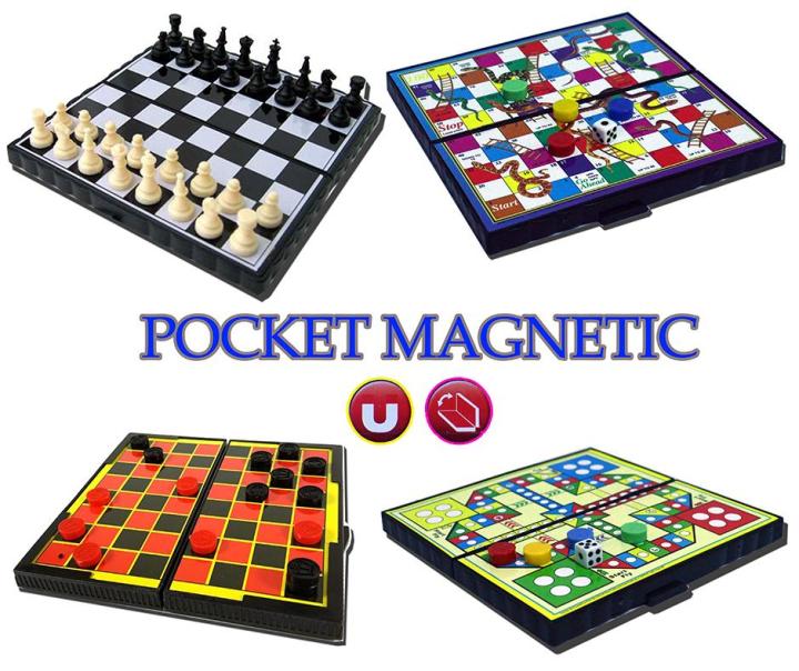 MINI POCKET MAGNETIC GAME SET CHESS, DRAUGHTS, SNAKE, CHEQUERS [666  Store]