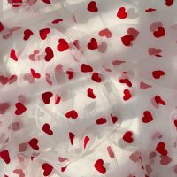 ✢┇ 1Yard Big Red Flocked Heart Tulle Mesh Guipure Lace Fabric Wedding Dress Decoration Sewing Net Fabric Materials 160cm Wide