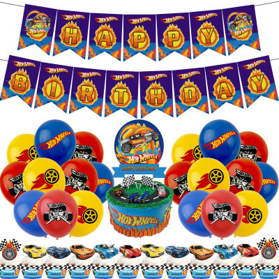 Hot Wheels Party Supplies Racing รถบอลลูนตกแต่งแบนเนอร์สุขสันต์วันเกิดเปลวไฟ Checkered Race เค้ก Topper Dolllums Ballon
