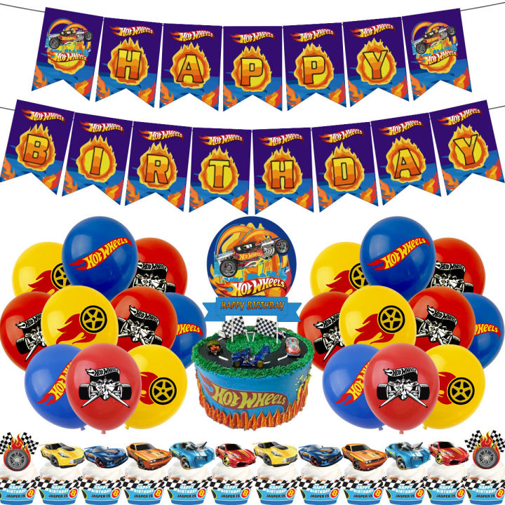 hot-wheels-party-supplies-racing-รถบอลลูนตกแต่งแบนเนอร์สุขสันต์วันเกิดเปลวไฟ-checkered-race-เค้ก-topper-dolllums-ballon