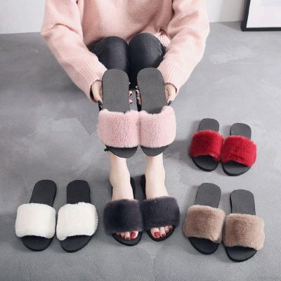 Autumn Winter Fur Slippers Home Anti-Slip Women Warm Cotton Trailer Shoes