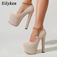 Eilken เซ็กซี่ Sequined ผ้าหัวเข็มขัดแพลตฟอร์มงานแต่งงาน Peep Toe ผู้หญิงปั๊ม Very Square High Heel Stripper Club ปั๊มรองเท้า ~