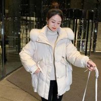 ร้อน, ร้อน★Winter 2022 New hooded fur collar down cotton jacket Womens fashion cotton jacket temperament Medium long fashion cotton jacket Korean version warm coat