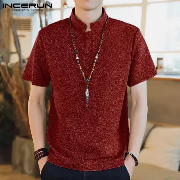 OTAKU Polo For Men Cotton Linen Chinese Collar 4/3 Sleeve Men Shirt Stand  Collar Casual Polo Shirt