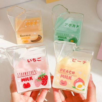 【High-end cups】 Kawaii นมกล่องแก้วแก้วสารสกัดเย็นถ้วยกาแฟสแควร์ครึ่งไพน์ครีมเทียมถ้วยนมสร้างสรรค์น่ารักขวดน้ำผลไม้