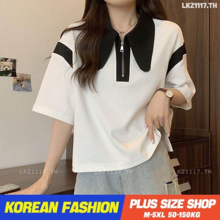 plus-size-เสื้อผ้าสาวอวบ-เสื้อยืดสาวอวบอ้วน-ไซส์ใหญ่-ผู้หญิง-เสื้อโปโล-ทรงหลวม-แขนสั้น-คอปก-สีดำ-ฤดูร้อน-สไตล์เกาหลีแฟชั่น-v728