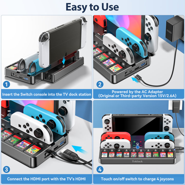 แท่นวางมือถือสวิตช์ทีวีพร้อมที่ชาร์จ-joycon-แท่นสวิตช์ทีวีแทนที่สำหรับ-nintendo-พร้อมอะแดปเตอร์ทีวีสวิตช์-hdmi-4k-แท่นชาร์จสถานีฐานสวิตช์พร้อมที่ชาร์จตัวควบคุมสวิตช์และช่องเกม10ช่อง