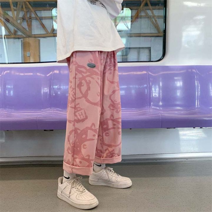 woma-กางเกงเก็บพุง-กางเกงลำลองขายาวสำหรับผู้ชายแฟชั่นสไตล์เกาหลีทรงตรงมีระบายพิมพ์ลายการ์ตูนสุดหล่อกางเกงขาม้า