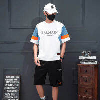 Original Balmain∮ Paris Mens 2 Pieces Workout Tracksuit Gym Wear Sets Short Sleeve Muscle Tee &amp; Shorts Set Bodybuilding Jogging Tracksuits ซื้อทันทีเพิ่มลงในรถเข็น