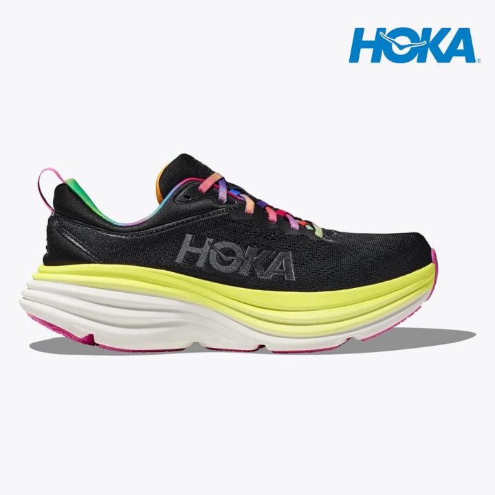 Hoka Women Bondi 8 Running Shoes - Black / Citrus Glow