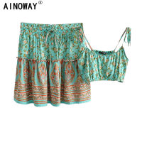 Vintage Chic Women Green Floral Two Piece Outfits Strap Sleeveless Tops Bohemian Mini Skirts 2 Pieces Rayon Cotton Boho Sets