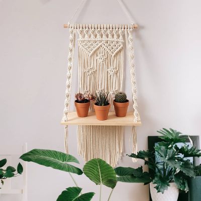 【cw】Macrame Tapestry Rack Wall Hanging Shelf DIY Handmade Tassel Cotton Rope Plant Hanger Wood Floating Shelf Wall Decor