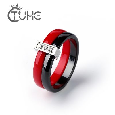 [MM75] สแตนเลสแหวนหมั้นสองชั้นสีชมพูสีม่วงสีแดงคู่เซรามิกแหวนเครื่องประดับแฟชั่นผู้หญิงอุปกรณ์เสริม Anillos