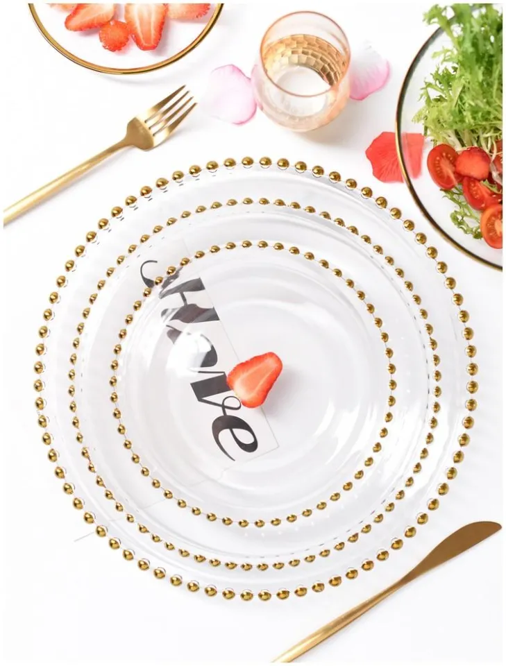 Nordic Gold Bead Glass Charger Plate for Dinner Decorative Salad