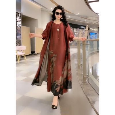 Silk Dress Two-Piece Womens Elegant Floral Plus Size Dress Casual Beach Vintage Long Dress mother dress 2022 Summer New Fashion