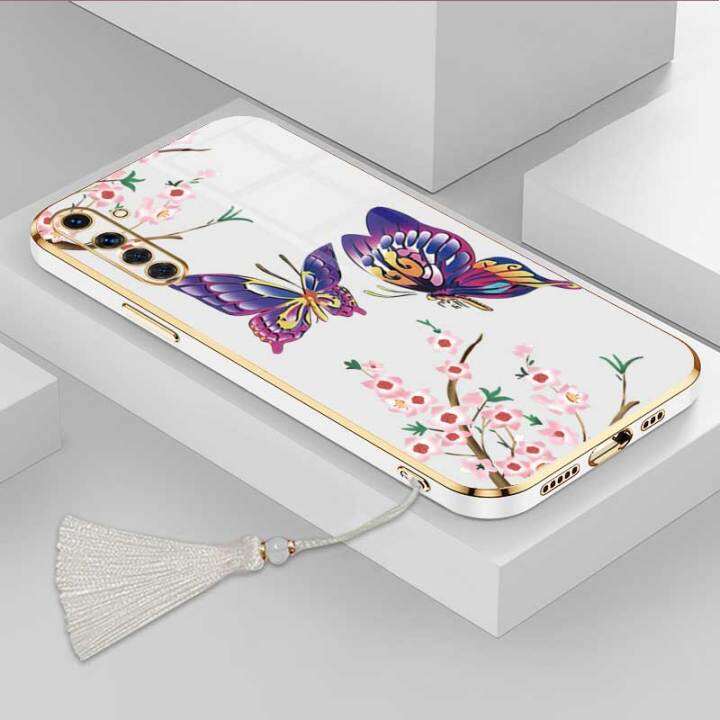 เคสสำหรับ-realme-6-realme-6s-realme-6-pro-ผีเสื้อที่สวยงามหรูหราพร้อมเคสป้องกันกล้องดอกไม้เคสโทรศัพท์ขอบชุบซิลิโคนนิ่มพร้อมฟรีสายคล้อง