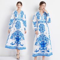 Women Dress Spot Real  Elegant Long Sleeve  Vintage Printed Maxi Dress V-neck