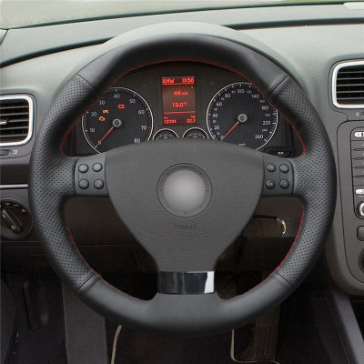 เย็บมือหนังสีดำที่กำหนดเองรถพวงมาลัยฝาครอบล้อสำหรับโฟล์คสวาเกน VW EOS MK5 2005 2006 2008