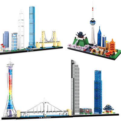 ใหม่จีน Skyline มินิสถาปัตยกรรมทาวเวอร์รุ่นสำเร็จรูปชุดอิฐของเล่นเด็กฉาบกว่างโจวฮ่องกงฮ่องกงเมืองบ้านถนน