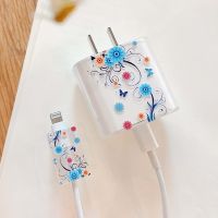 Cartoon blue flower art bite cord winder holder usb cable data line protector head case fast charging for apple iphone 18/20W