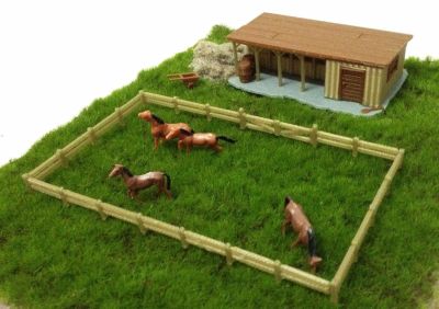 Outland Models Farm Stable with Horses &amp; Grass HO OO Scale Train Railway Layout